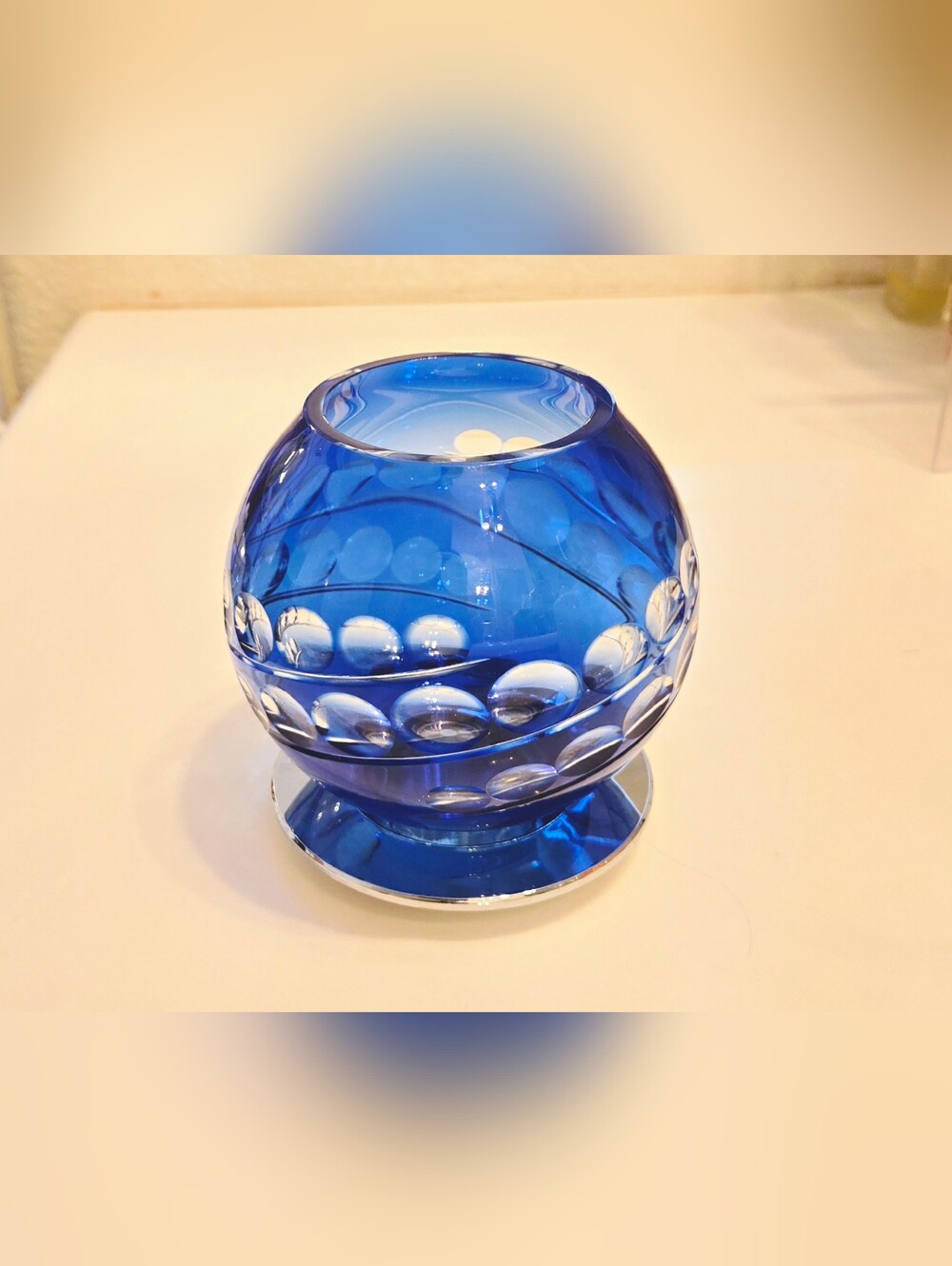 Hoya Blue Crystal Glass Orb Votive Holder